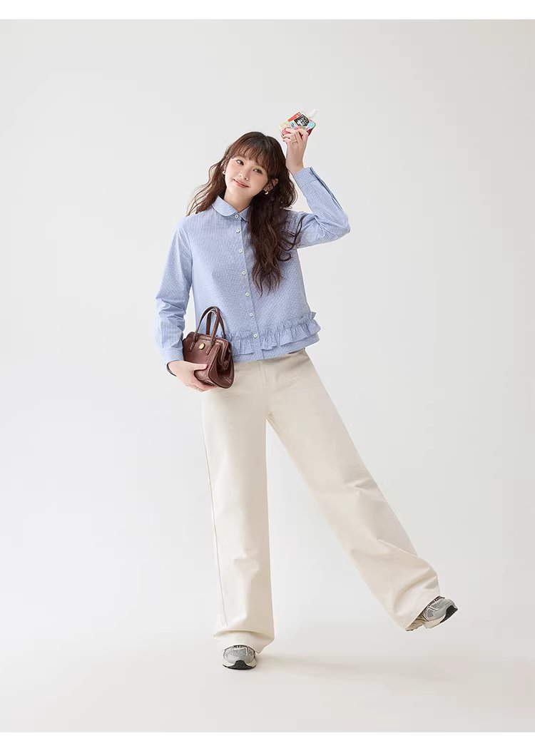 藍格荷葉邊娃娃領襯衫女春季新款純棉長袖短上衣,藍格荷葉邊娃娃領襯衫女春季新款純棉長袖短上衣,HBFS1049,藍格荷葉邊娃娃領襯衫女春季新款純棉長袖短上衣,荷葉衣襬,全棉面料