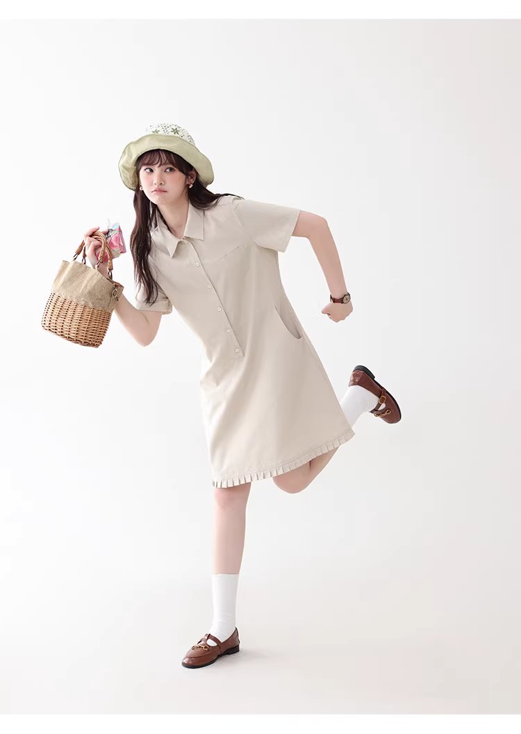 日系polo領花邊洋裝女26夏季新款a字襯衫短裙,日系polo領花邊洋裝女26夏季新款a字襯衫短裙,HBFS7018,日系polo領花邊洋裝女26夏季新款a字襯衫短裙,翻領排扣,天絲混棉