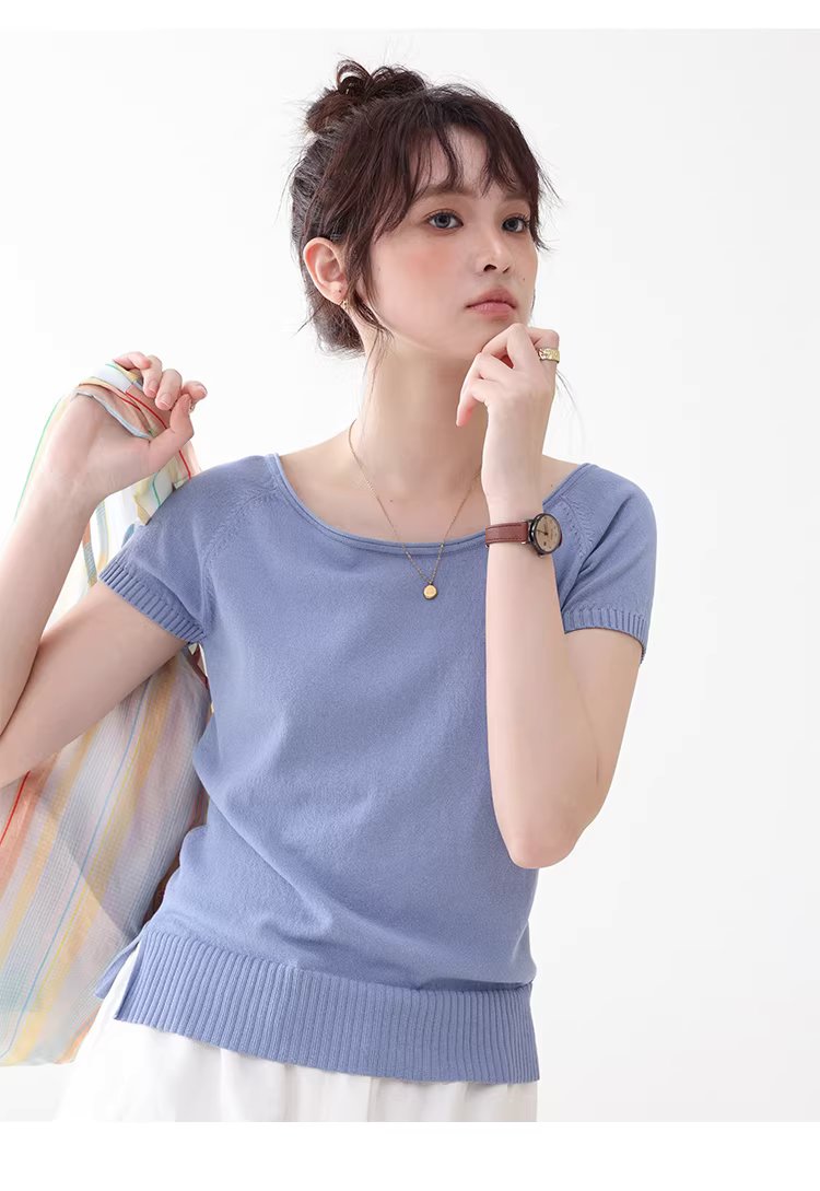 純色小一字領側開叉針織衫女夏新款慵懶顯瘦短袖上衣,純色小一字領側開叉針織衫女夏新款慵懶顯瘦短袖上衣,HBFS1051,純色小一字領側開叉針織衫女夏新款慵懶顯瘦短袖上衣,側邊開衩,薄款針織