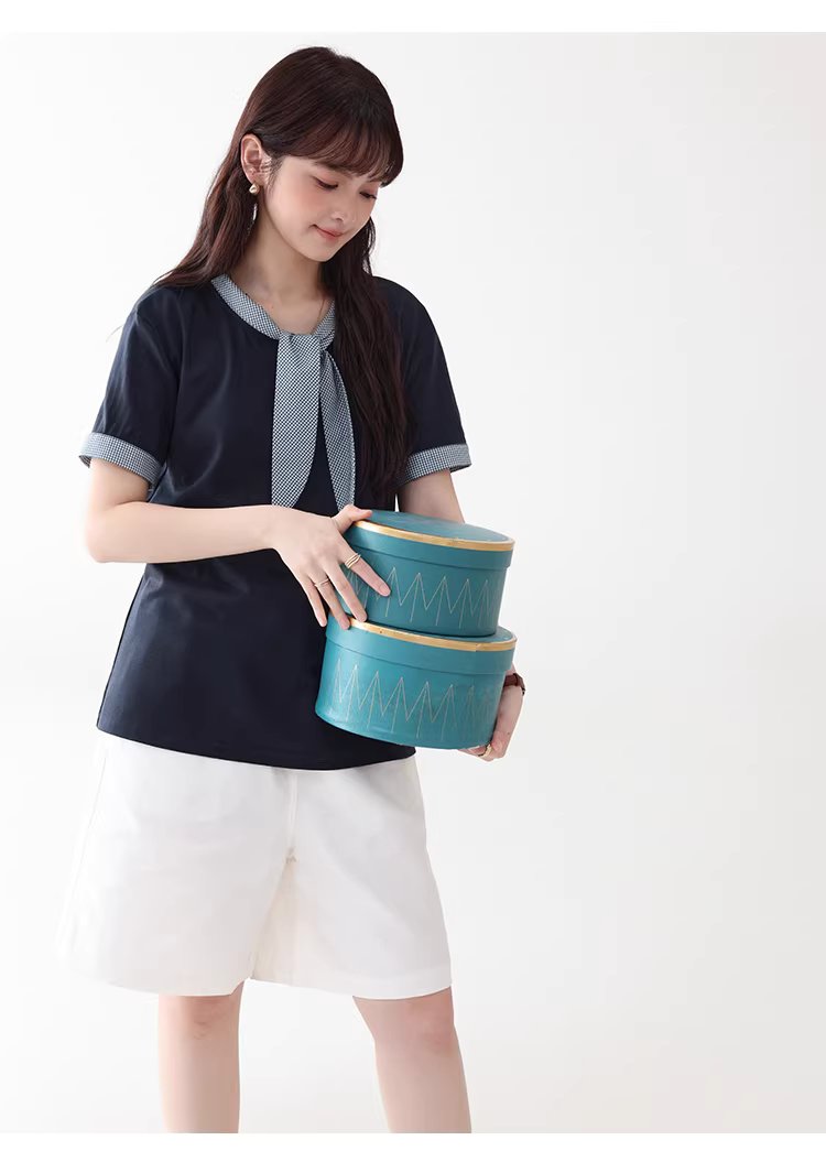 拼接格紋綁帶領短袖T恤女夏季新款時尚減齡上衣,拼接格紋綁帶領短袖T恤女夏季新款時尚減齡上衣,HBFS1053,拼接格紋綁帶領短袖T恤女夏季新款時尚減齡上衣,領結造型,舒適面料
