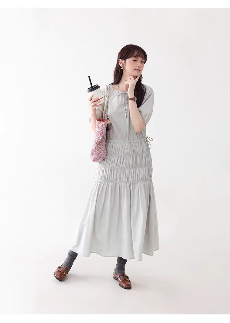 小眾褶皺收腰顯瘦洋裝女夏季新款純棉短袖長裙,小眾褶皺收腰顯瘦洋裝女夏季新款純棉短袖長裙,HBFS7019,小眾褶皺收腰顯瘦洋裝女夏季新款純棉短袖長裙,褶皺收腰,全棉面料