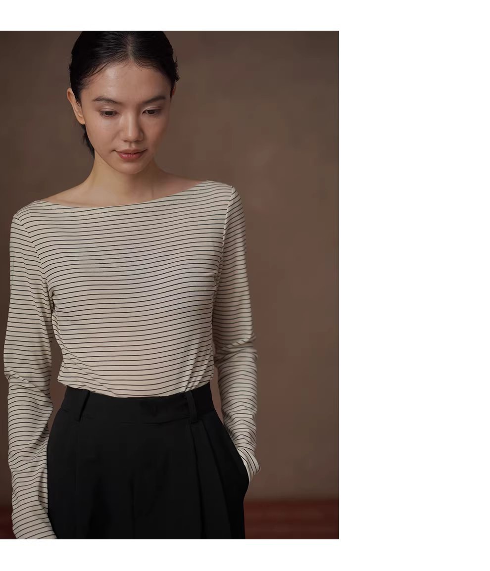 法式經典細條紋上衣氣質一字領正肩顯瘦長袖休閒百搭T恤,上衣,法式經典細條紋上衣氣質一字領正肩顯瘦長袖休閒百搭T恤,HBFS1065,法式經典細條紋上衣氣質一字領正肩顯瘦長袖休閒百搭T恤,彈性透氣