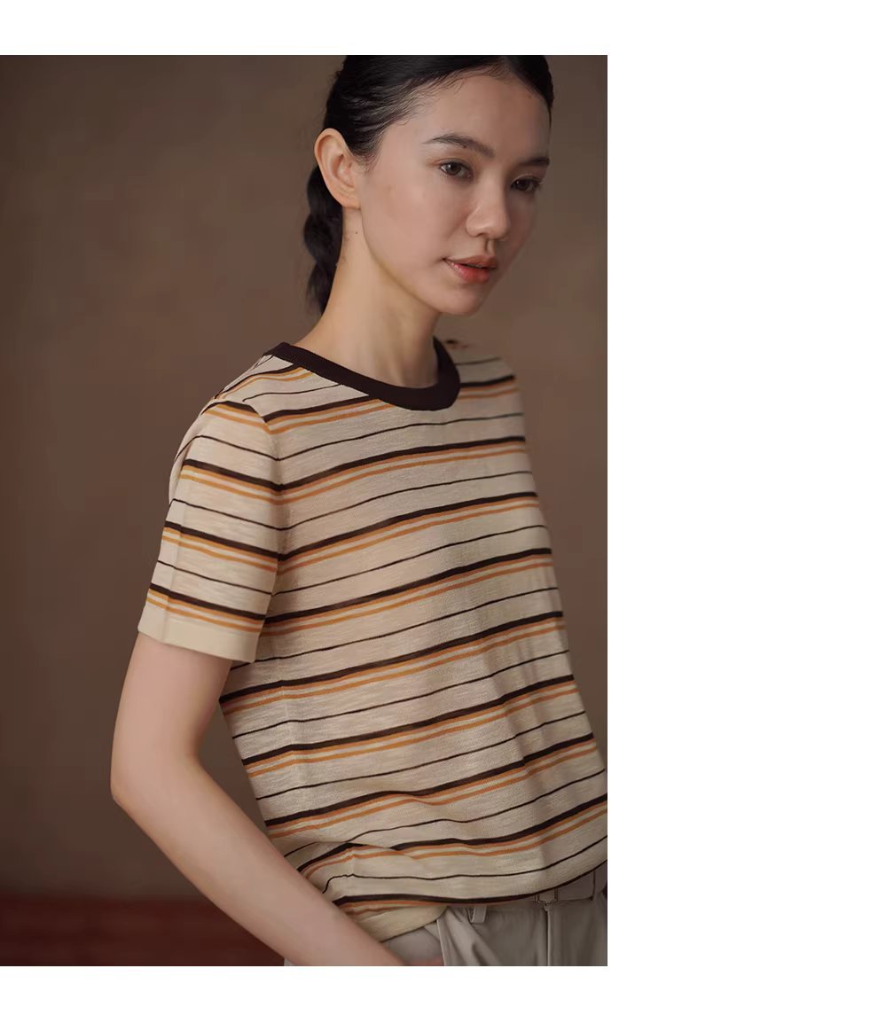 沙灘條紋超爽竹節麻紗線撞色圓領短袖寬鬆顯瘦針織上衣,沙灘條紋超爽竹節麻紗線撞色圓領短袖寬鬆顯瘦針織上衣,HBFS1095,沙灘條紋超爽竹節麻紗線撞色圓領短袖寬鬆顯瘦針織上衣,舒適清爽,撞色領口