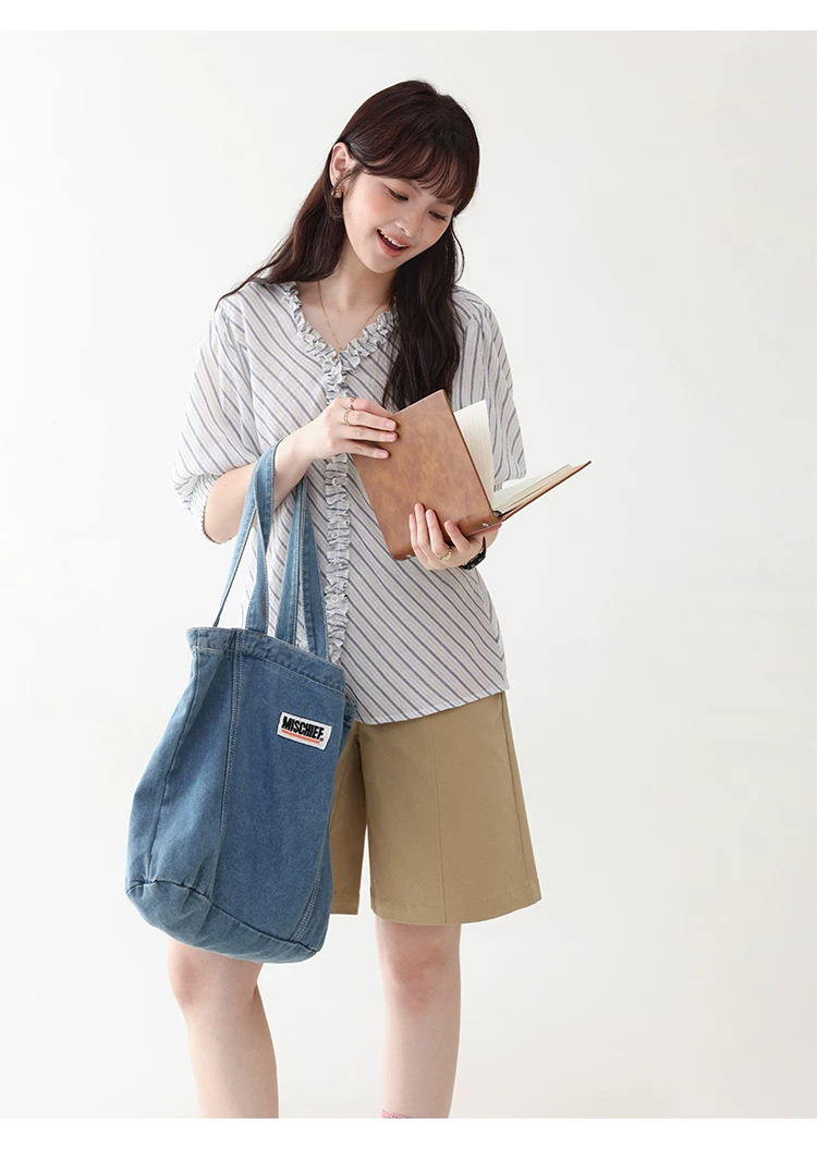 藍條紋v領木耳邊襯衫女夏季新款純棉五分袖上衣,藍條紋v領木耳邊襯衫女夏季新款純棉五分袖上衣,HBFS1098,藍條紋v領木耳邊襯衫女夏季新款純棉五分袖上衣,荷葉邊領,全棉面料