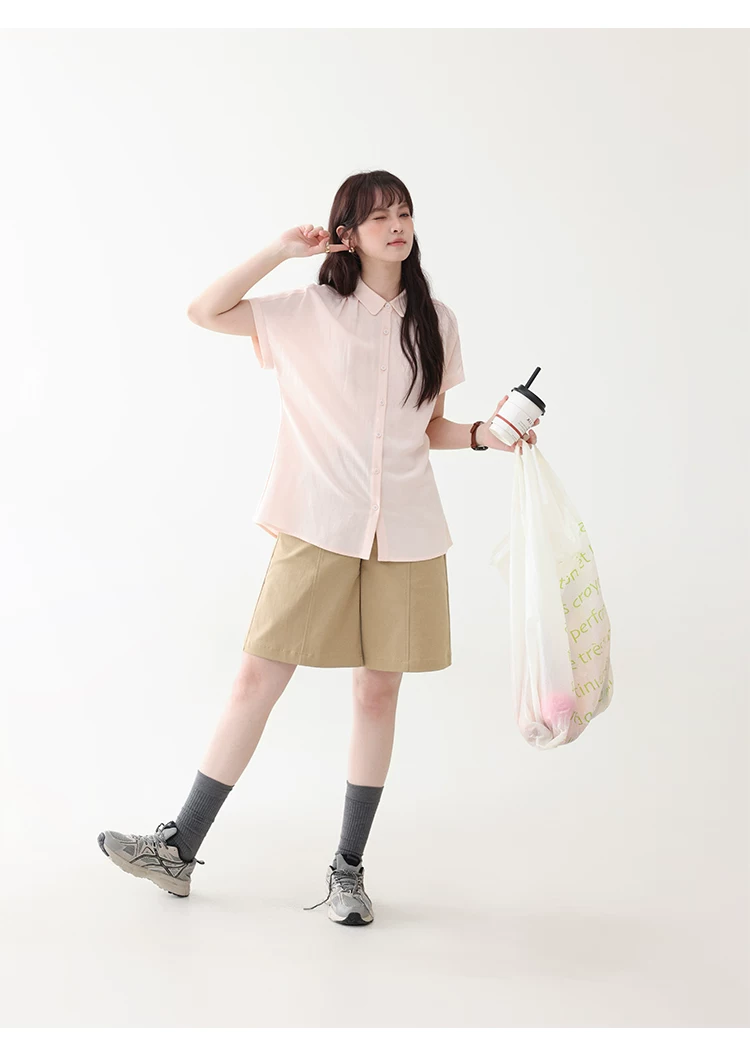 甜美純色小翻領短袖襯衫女夏新款寬鬆單排扣上衣,襯衫,韓系女裝,甜美純色小翻領短袖襯衫女夏新款寬鬆單排扣上衣,HBFS1100,甜美純色小翻領短袖襯衫女夏新款寬鬆單排扣上衣