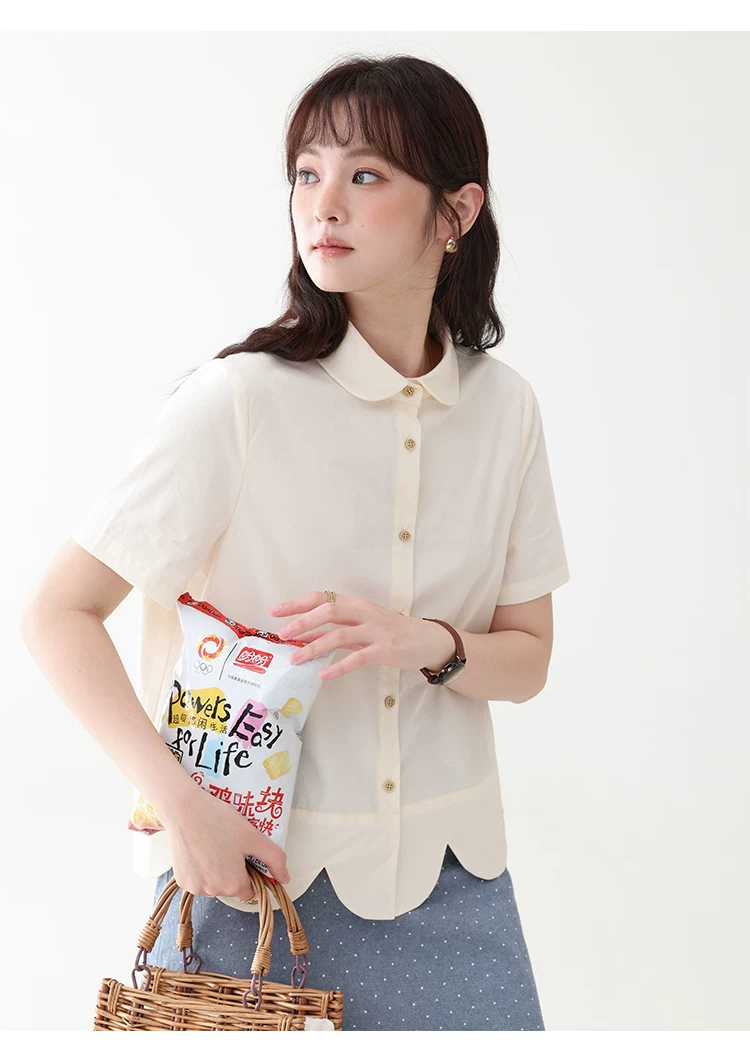 設計感波浪下擺純棉襯衫女夏新款減齡娃娃領上衣,設計感波浪下擺純棉襯衫女夏新款減齡娃娃領上衣,HBFS1112,設計感波浪下擺純棉襯衫女夏新款減齡娃娃領上衣,花邊衣襬,全棉面料