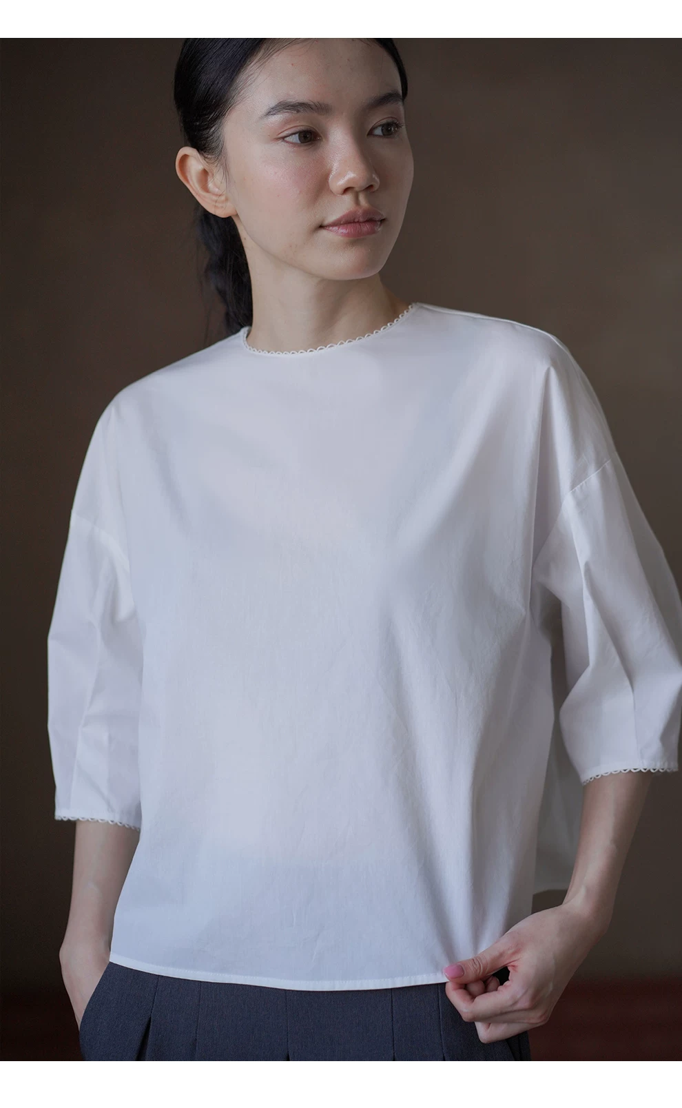 簡約法式拼接刺繡100棉落肩寬鬆輪廓七分袖顯瘦圓領襯衫,簡約法式拼接刺繡100棉落肩寬鬆輪廓七分袖顯瘦圓領襯衫,HBFS1150,簡約法式拼接刺繡100棉落肩寬鬆輪廓七分袖顯瘦圓領襯衫,純棉舒適,法式簡約