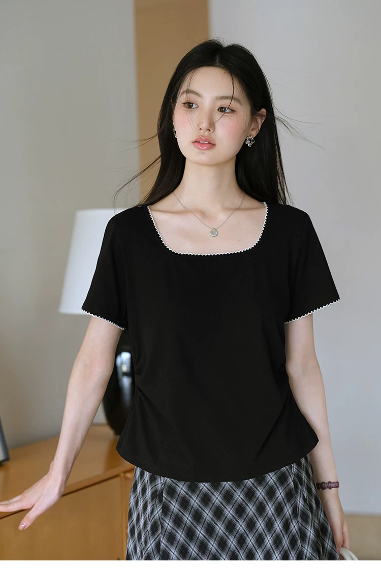 胖mm大尺碼女裝方領正肩短袖T恤女2026新款夏季法式黑色上衣,胖mm大尺碼女裝方領正肩短袖T恤女2026新款夏季法式黑色上衣,HBFS1167,胖mm大尺碼女裝方領正肩短袖T恤女2026新款夏季法式黑色上衣,方領設計,撞色拼接