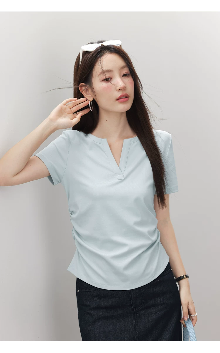 大尺碼胖mm巨好看正肩短袖T恤女2026新款夏裝抽褶淺藍色上衣,大尺碼胖mm巨好看正肩短袖T恤女2026新款夏裝抽褶淺藍色上衣,HBFS1182,大尺碼胖mm巨好看正肩短袖T恤女2026新款夏裝抽褶淺藍色上衣,半開V領,腰間抓褶