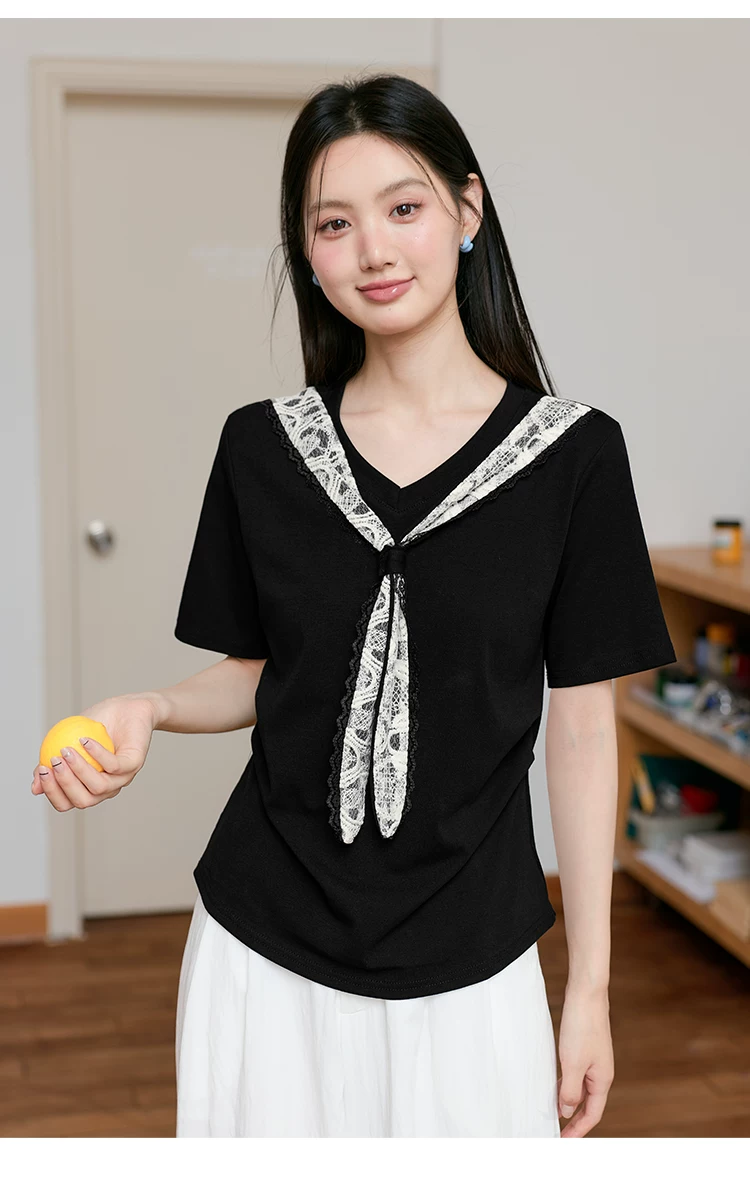大尺寸胖花蕾絲拼接飄帶T恤女夏2026新款正肩鉅顯瘦遮肉上衣,大尺寸胖花蕾絲拼接飄帶T恤女夏2026新款正肩鉅顯瘦遮肉上衣,HBFS1221,大尺寸胖花蕾絲拼接飄帶T恤女夏2026新款正肩鉅顯瘦遮肉上衣,中大尺碼,飄帶領結