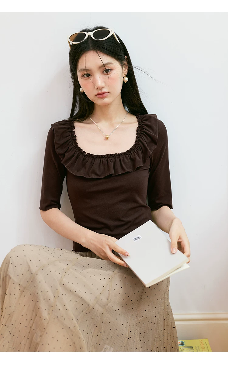 大尺碼女裝荷葉邊U領T恤女2026新款夏季絕美小衫咖色中袖上衣,大尺碼女裝荷葉邊U領T恤女2026新款夏季絕美小衫咖色中袖上衣,HBFS1233,大尺碼女裝荷葉邊U領T恤女2026新款夏季絕美小衫咖色中袖上衣,中大尺碼,荷葉邊領