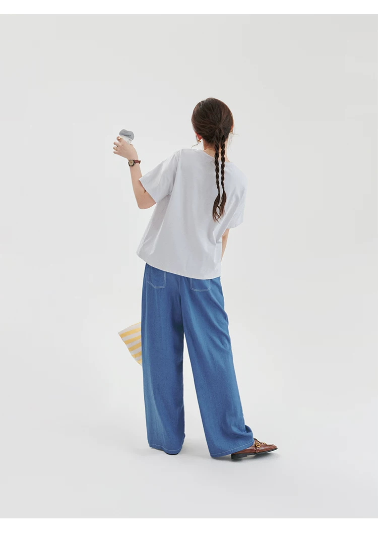 藍色仿牛仔壓線休閒褲女夏季新款鬆緊腰寬長褲,藍色仿牛仔壓線休閒褲女夏季新款鬆緊腰寬長褲,HBFS3074,藍色仿牛仔壓線休閒褲女夏季新款鬆緊腰寬長褲,高腰寬褲,外縫線設計