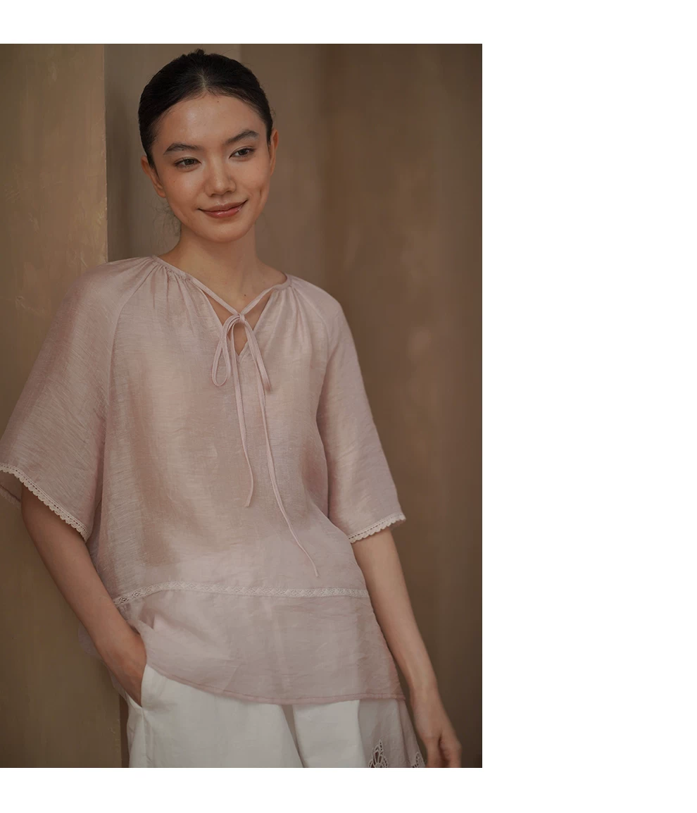 冷萃月光石亞麻混紡清透花邊拼接氛圍感寬鬆顯瘦襯衫女,冷萃月光石亞麻混紡清透花邊拼接氛圍感寬鬆顯瘦襯衫女,HBFS1344,冷萃月光石亞麻混紡清透花邊拼接氛圍感寬鬆顯瘦襯衫女,領口繫帶,花邊拼接