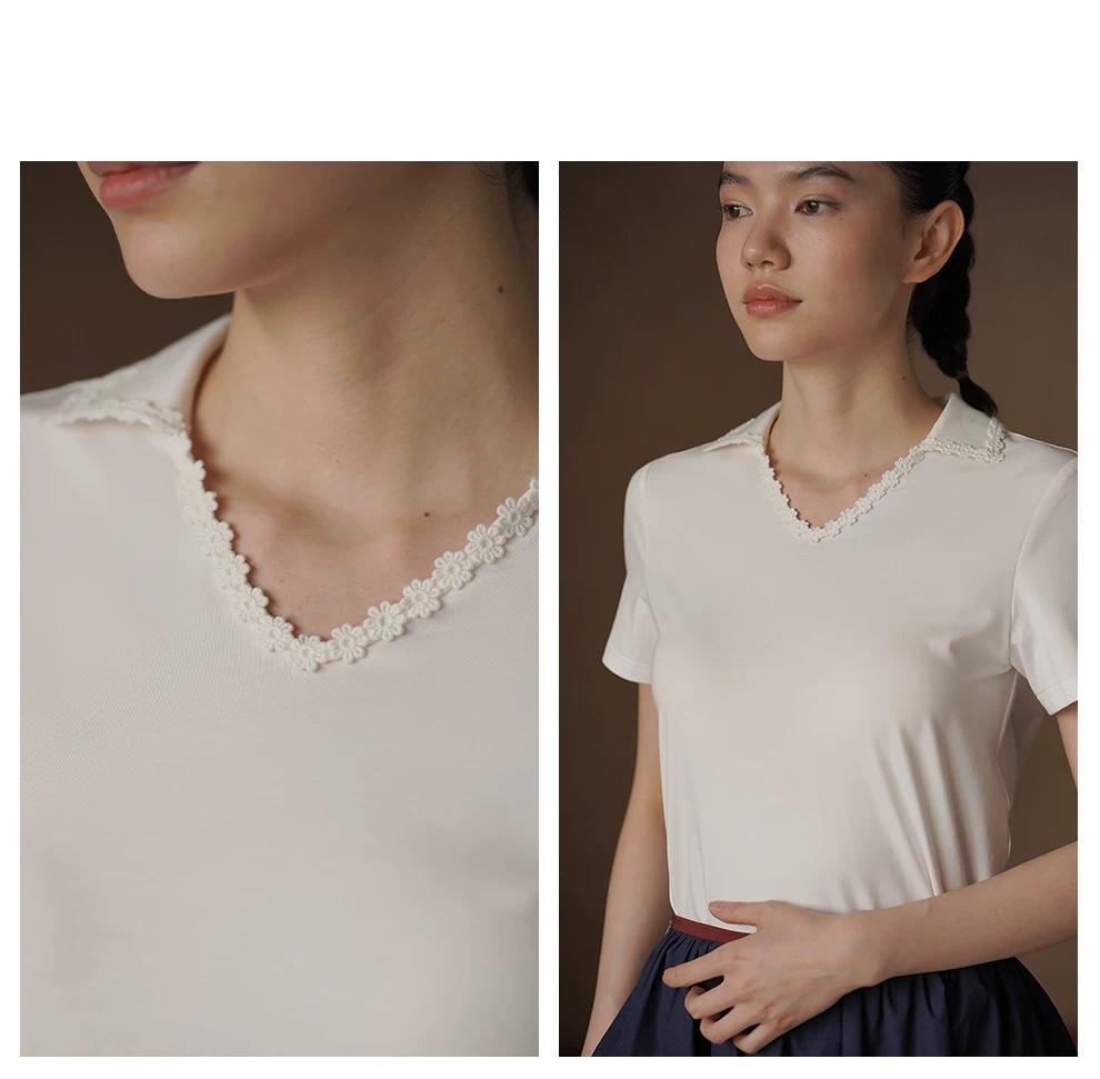 女孩日常T恤刺繡蕾絲拼接翻領V領柔軟彈性合身短袖上衣,女孩日常T恤刺繡蕾絲拼接翻領V領柔軟彈性合身短袖上衣,HBFS1356,女孩日常T恤刺繡蕾絲拼接翻領V領柔軟彈性合身短袖上衣,柔軟彈性,蕾絲拼接