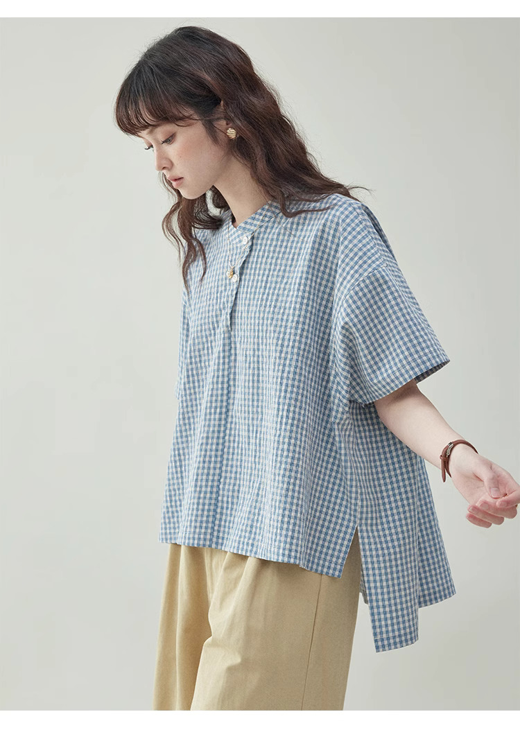 藍格紋不規則蝙蝠袖襯衫女夏季新款寬鬆套頭上衣