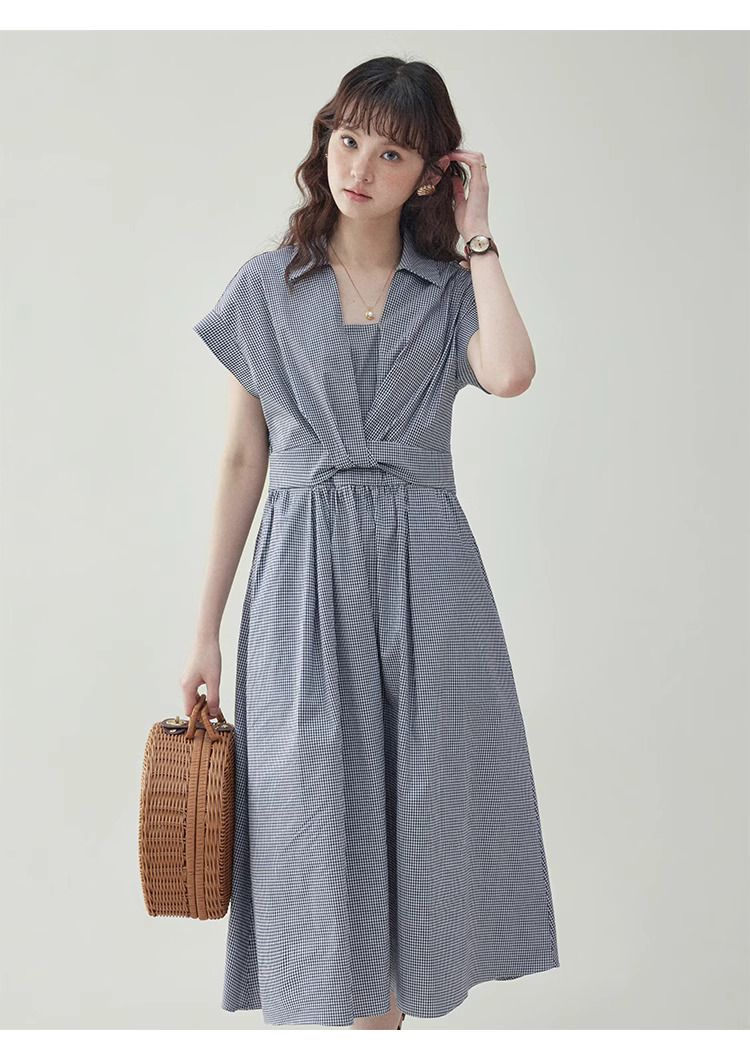 黑白格紋扭結短袖連身裙女夏季新款收腰a字中裙