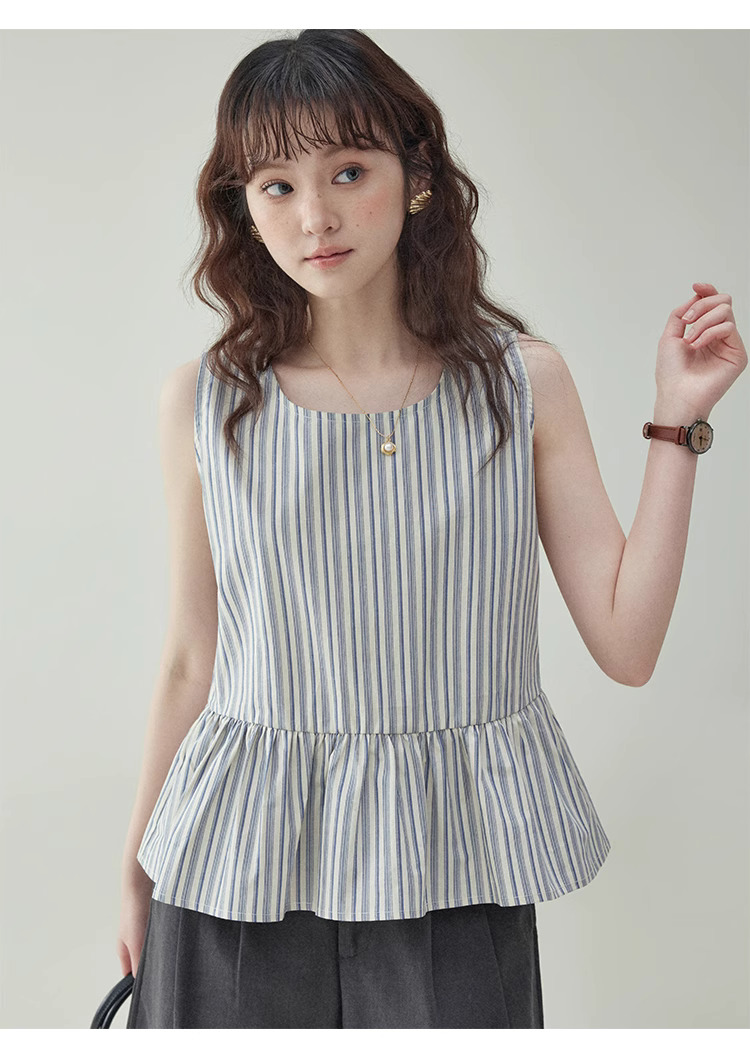豎條紋無袖純棉娃娃襯衫女夏季新款寬鬆背心上衣