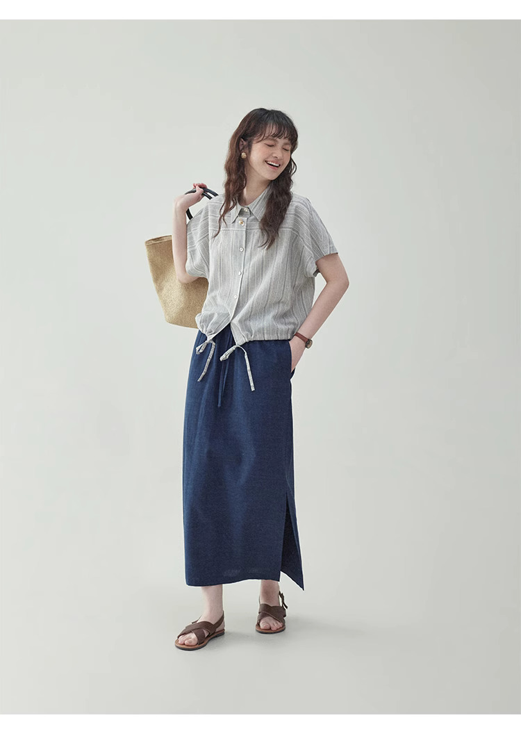 復古條紋純棉抽繩襯衫女夏季新款單排扣短袖上衣
