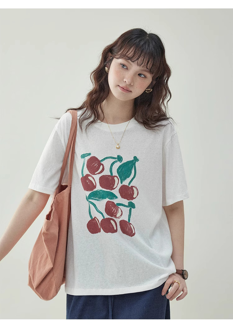 拼色櫻桃印花純棉短袖t卹女夏新款寬鬆百搭上衣