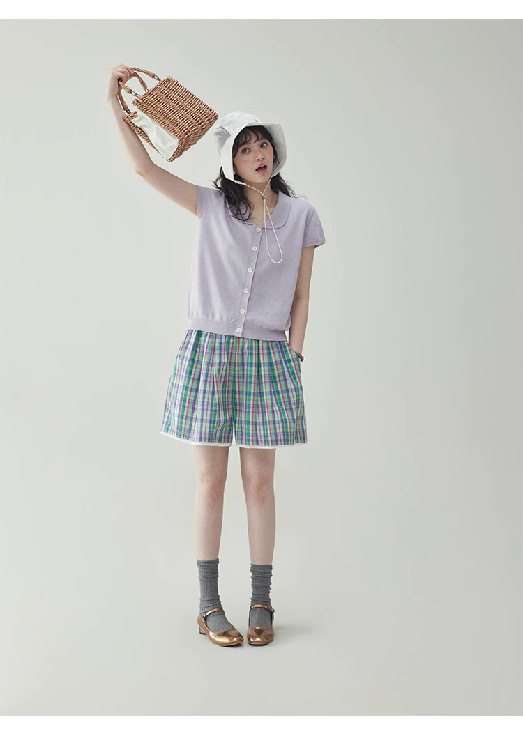 溫柔紫色娃娃v領針織衫女夏季新款短袖扣上衣