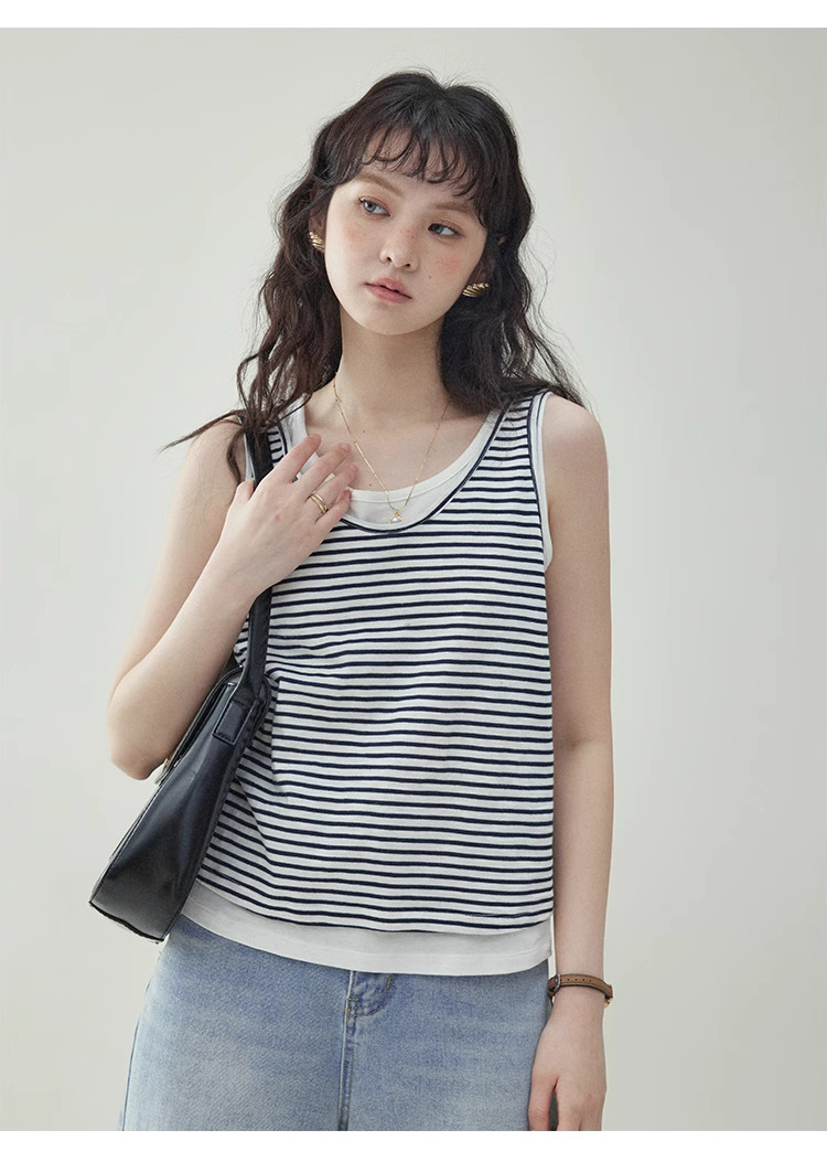 假兩件條紋無袖純棉T恤女夏季新款清涼背心上衣