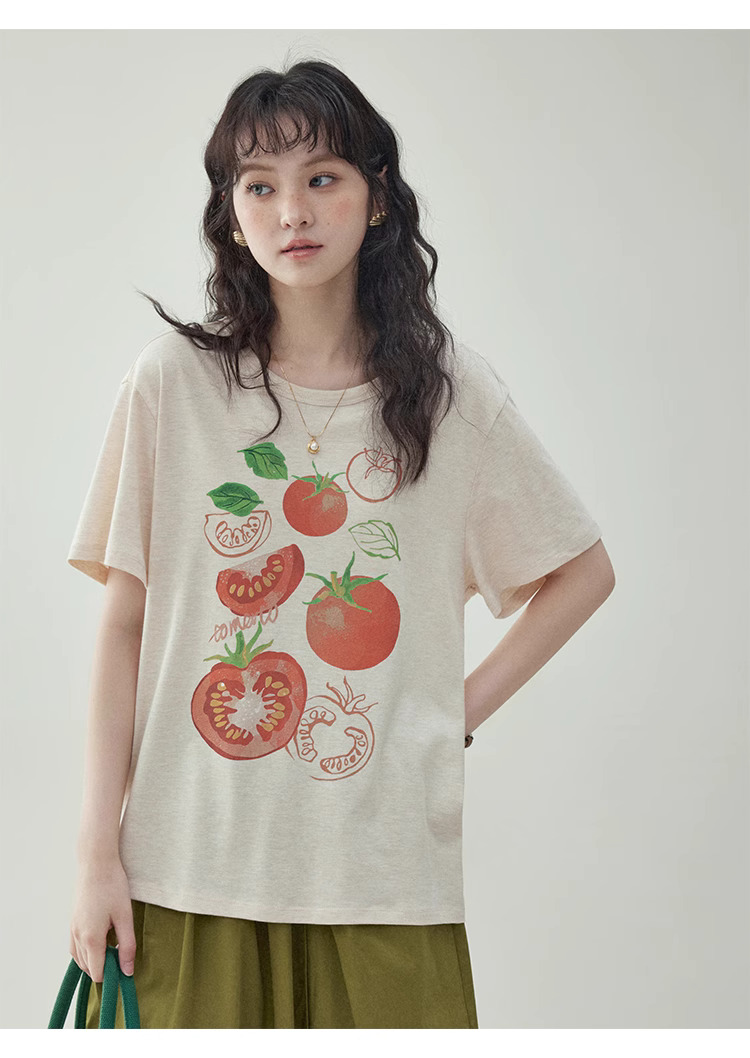 番茄印花圓領純棉短袖T恤女夏季新款少女感上衣