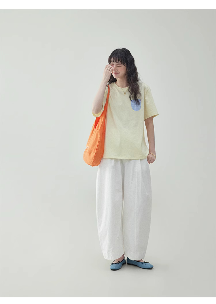 奶黃色藍格口袋純棉T恤女夏季新款減齡短袖上衣