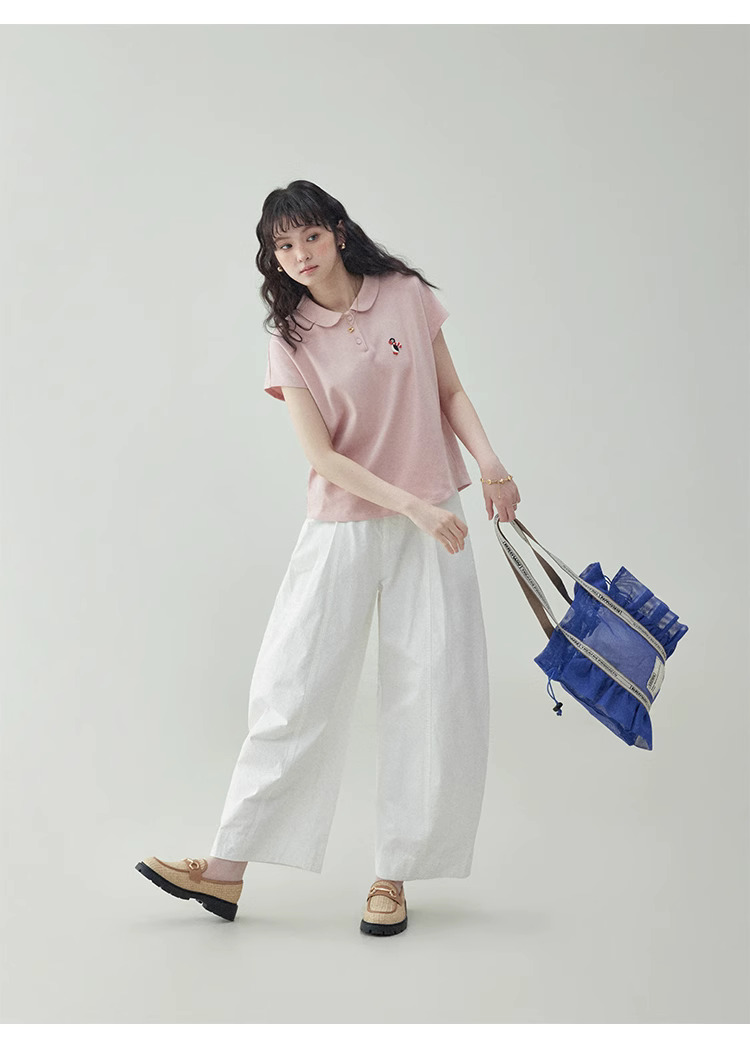 粉紅娃娃領企鵝刺繡T恤女夏季新款減齡短袖上衣