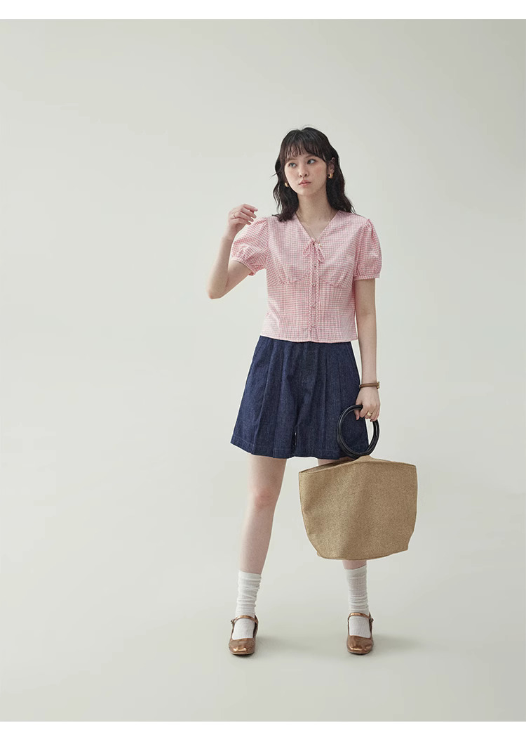 韓系深色高腰寬腿休閒牛仔褲女夏季新款寬鬆壓褶短褲