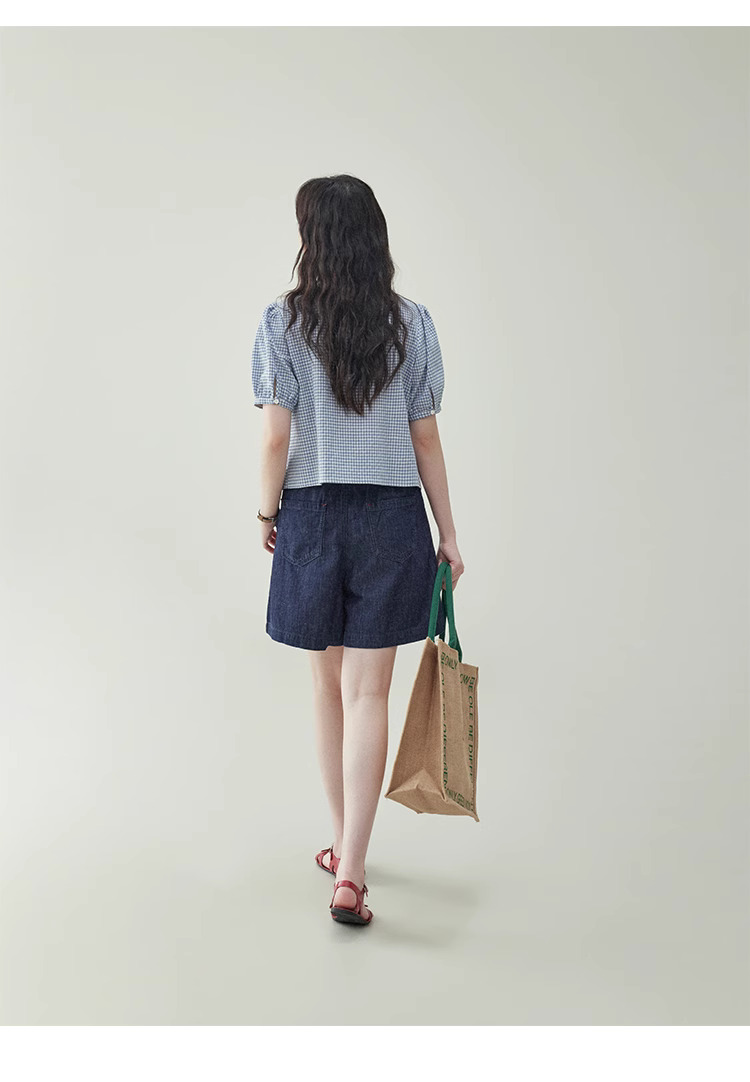 藍格泡泡袖短版純棉襯衫女夏季新款甜美寬鬆上衣