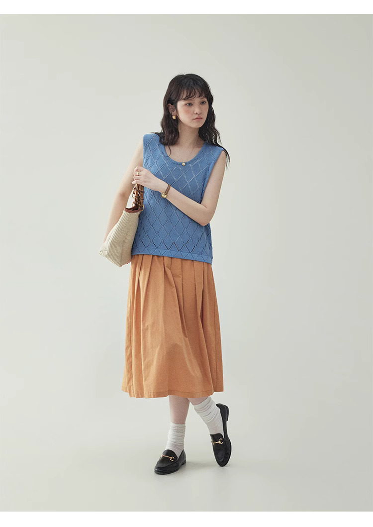 藍色菱格鏤空背心針織衫女夏季新款寬鬆無袖上衣