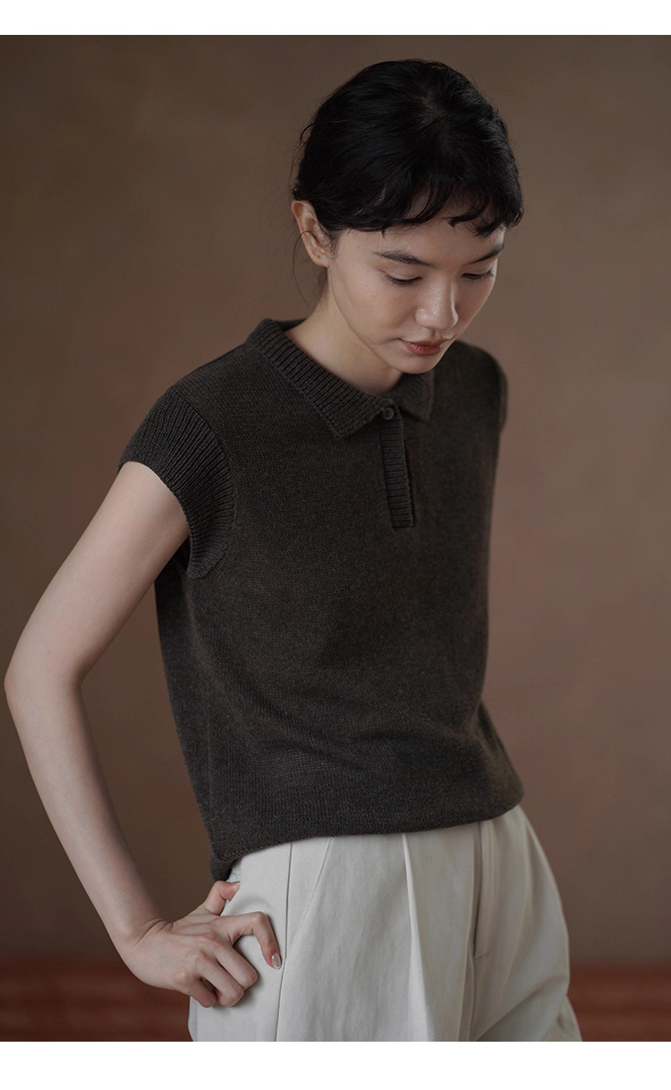 苔痕雨季透氣輕薄亞麻棉紗線Polo領針織顯瘦短袖上衣女