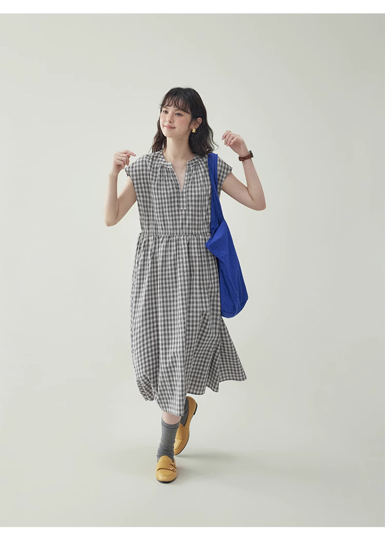 黑格抽繩v領純棉洋裝女夏季新款a字短袖中長裙