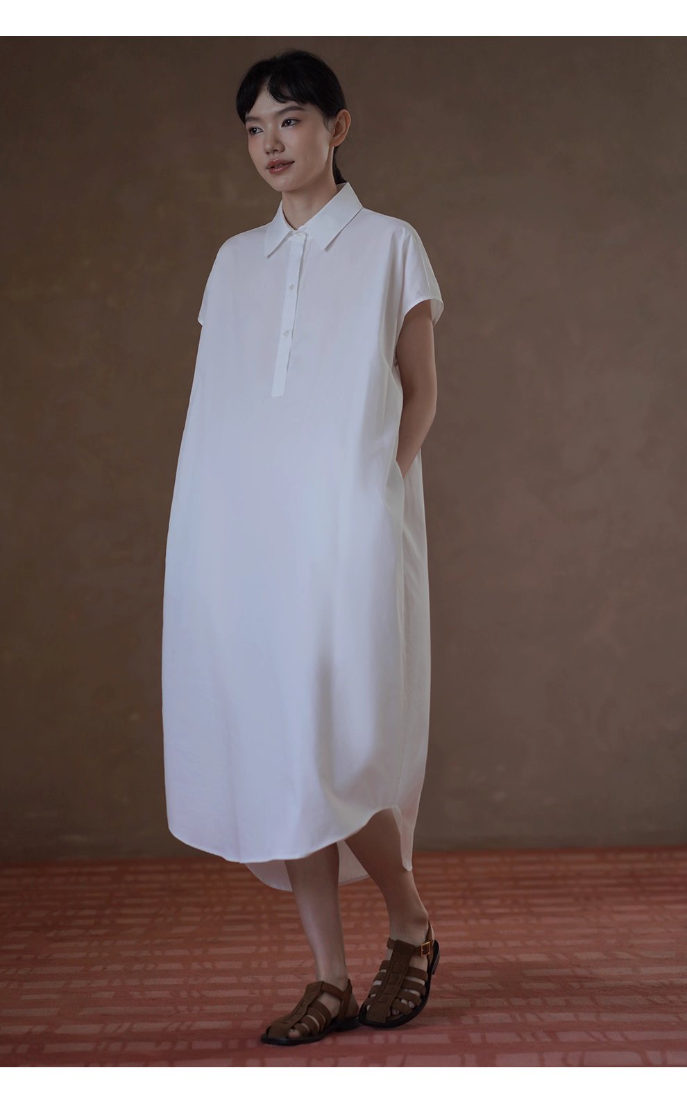 浮生一日清冷通勤洋裝寬鬆顯瘦腰帶半門襟長襯衫裙
