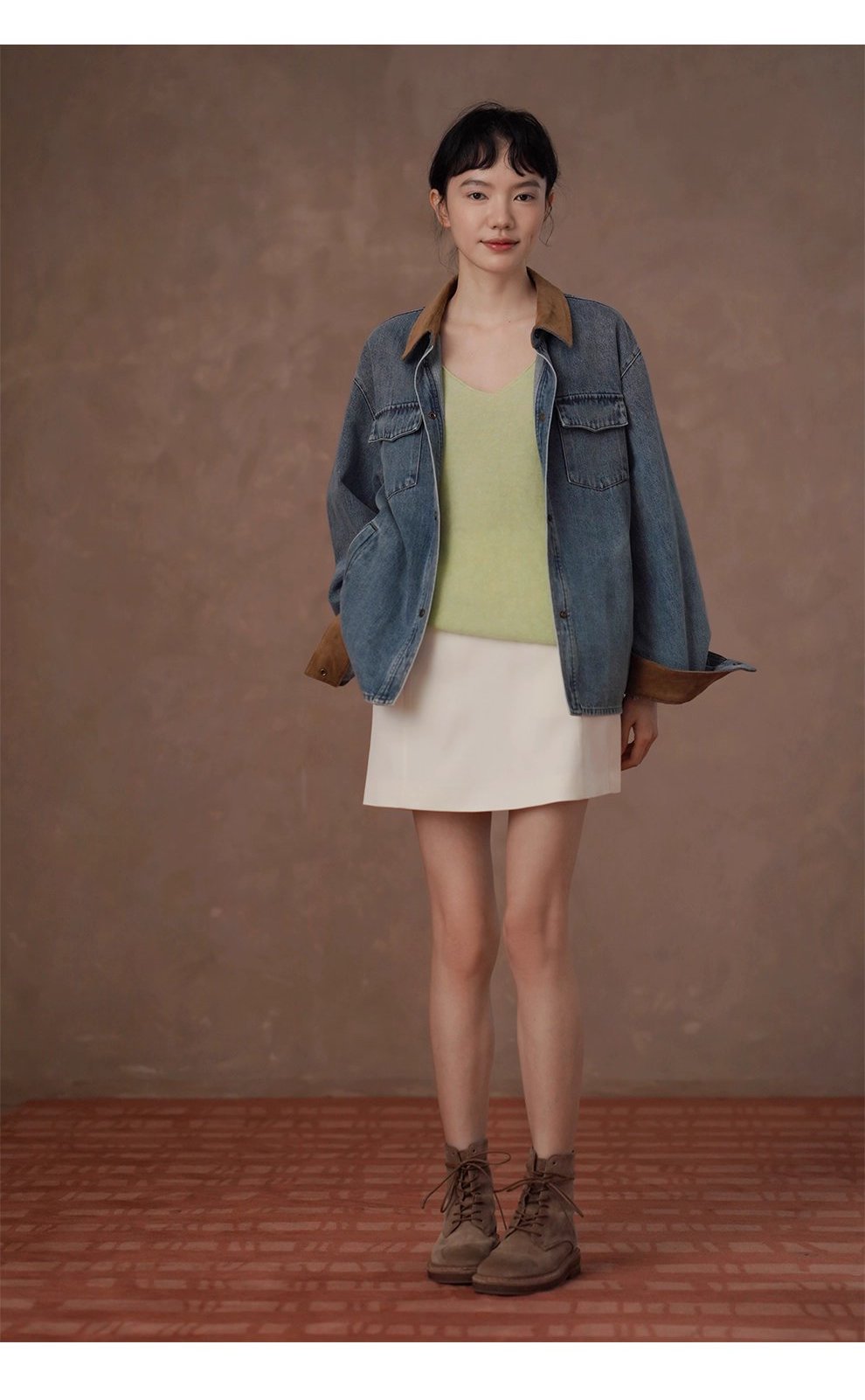 復古風潮做舊水洗燈芯絨拼接翻領牛仔襯衫寬鬆顯瘦外套