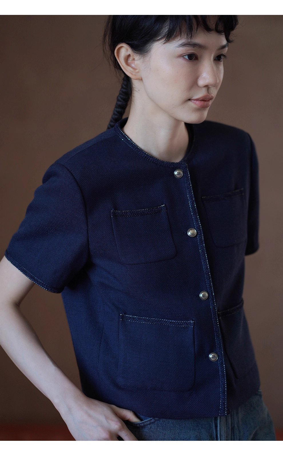 法式花邊拼接肌理感短袖小香氣質圓領通勤顯瘦短外套