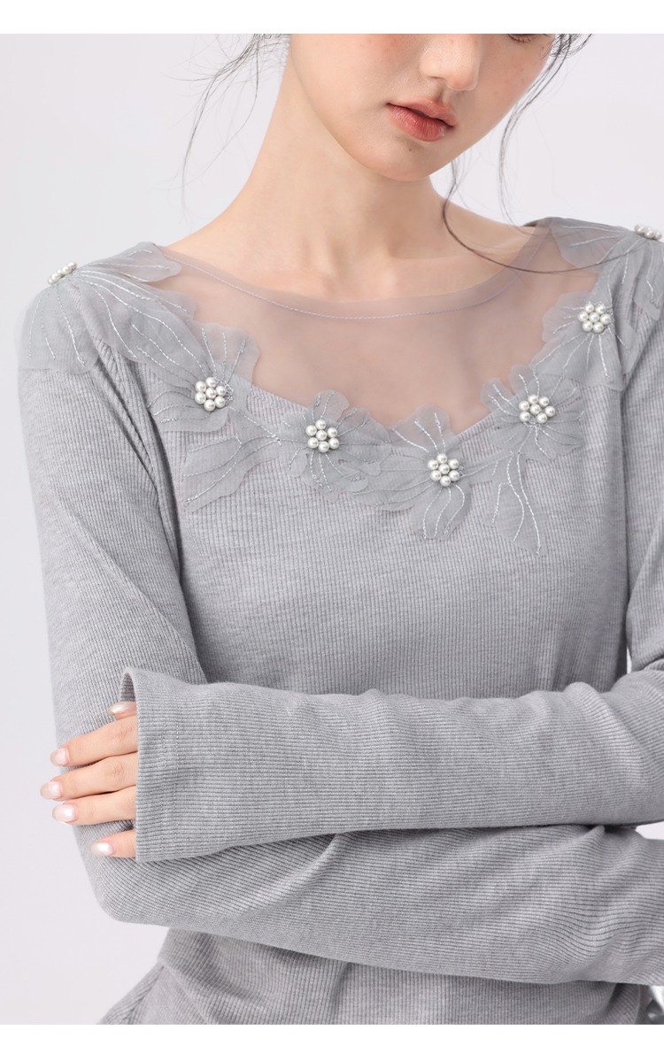 大尺碼女裝正肩長袖t恤穿搭微胖蕾絲花朵上衣