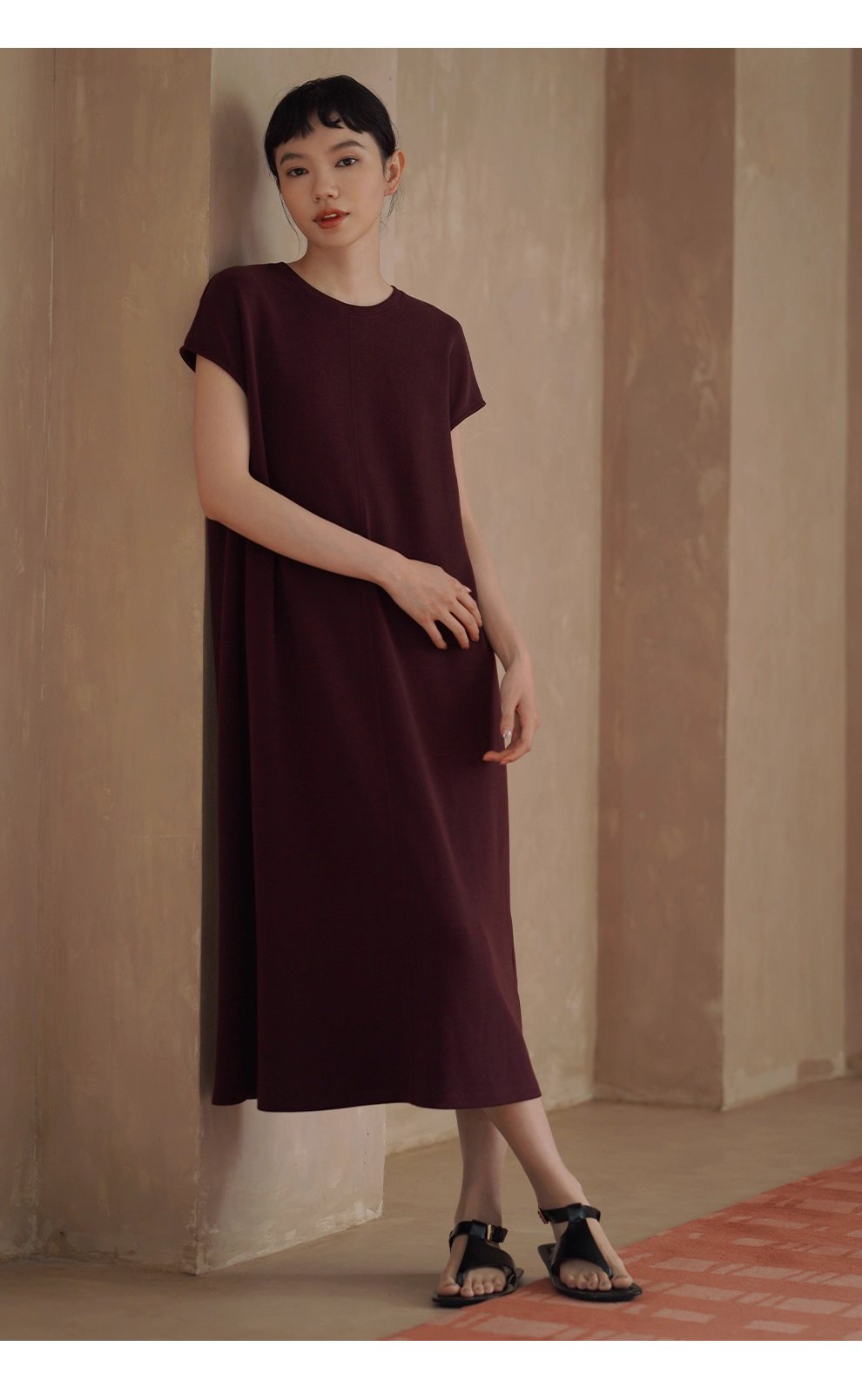 桑葚莊園超正顯白軟糯空氣感圓領直筒顯瘦寬鬆長洋裝