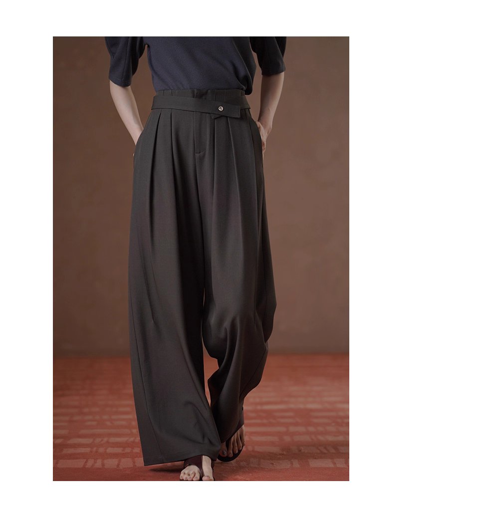 高品質色紡西裝布料可調式腰帶寬鬆垂順顯瘦闊腿長褲女