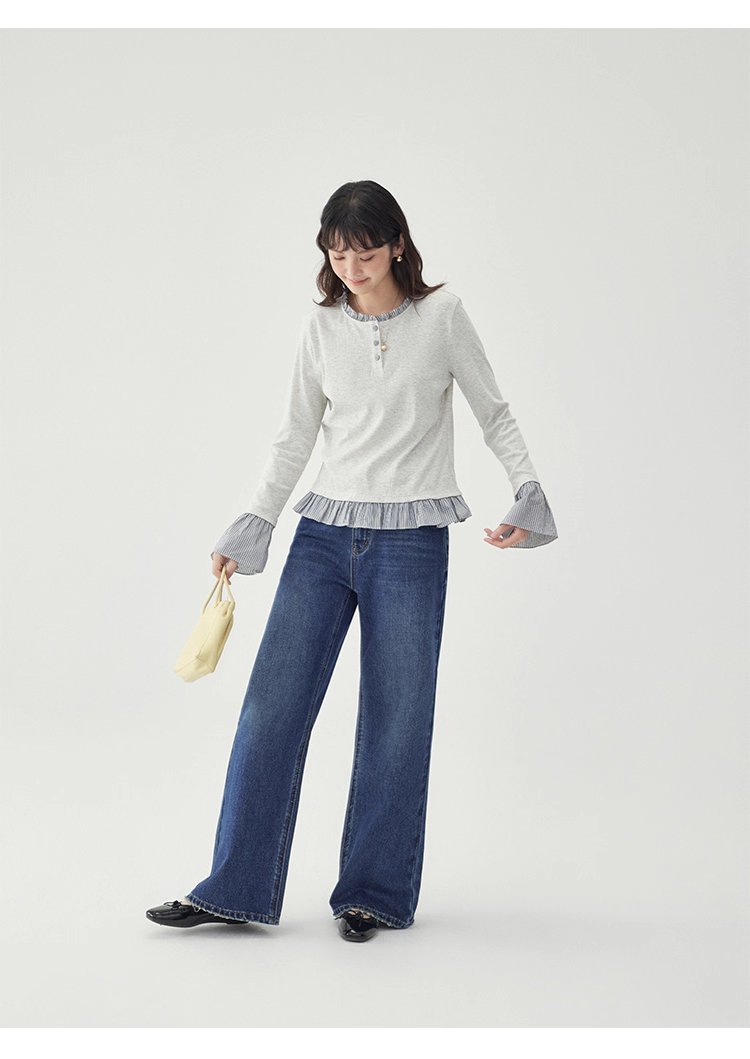 撞色拼接襯衫喇叭袖t卹女秋季新款寬鬆長袖上衣