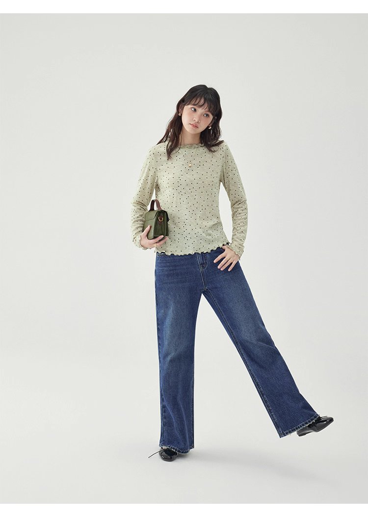 韓系密邊領波點長袖T恤女秋季新款內搭寬鬆上衣