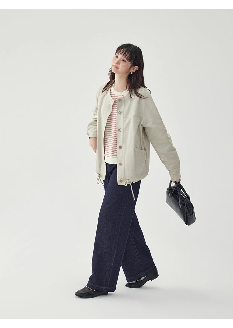 純色單排扣抽繩下擺外套女秋季新款圓領長袖上衣