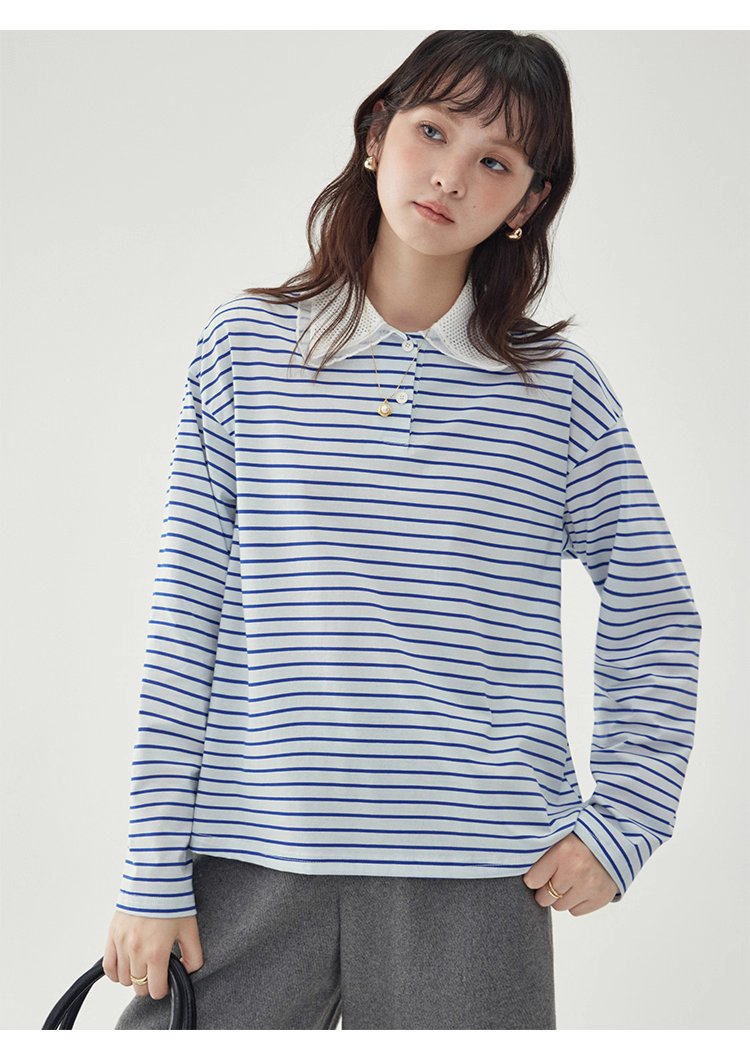 拼接翻領藍條紋長袖T恤女秋季新款寬鬆純棉上衣