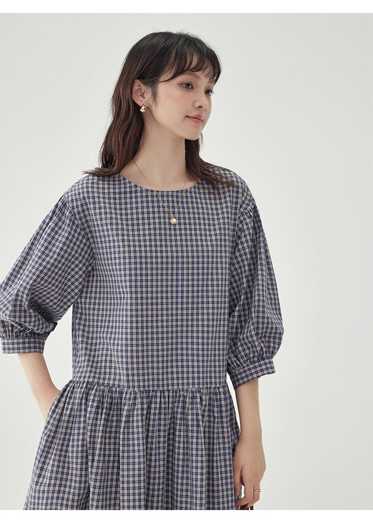 日系格紋燈籠袖洋裝女秋季新款寬鬆純棉a字裙
