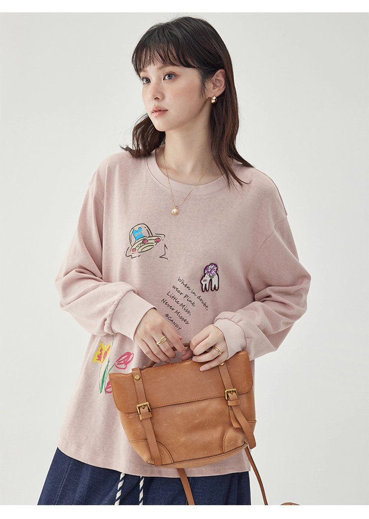 減齡印花落肩長袖粉紅T恤女秋新款寬鬆百搭上衣