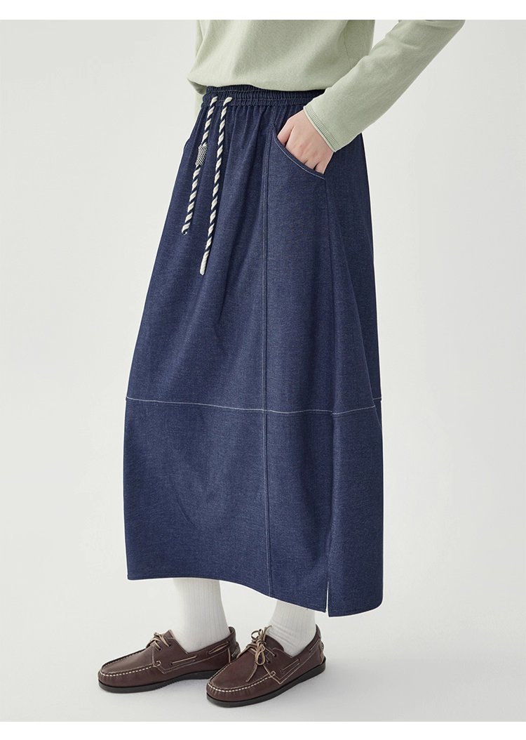 藍色鬆緊腰a字半身裙女秋季新款百搭抽繩中長裙