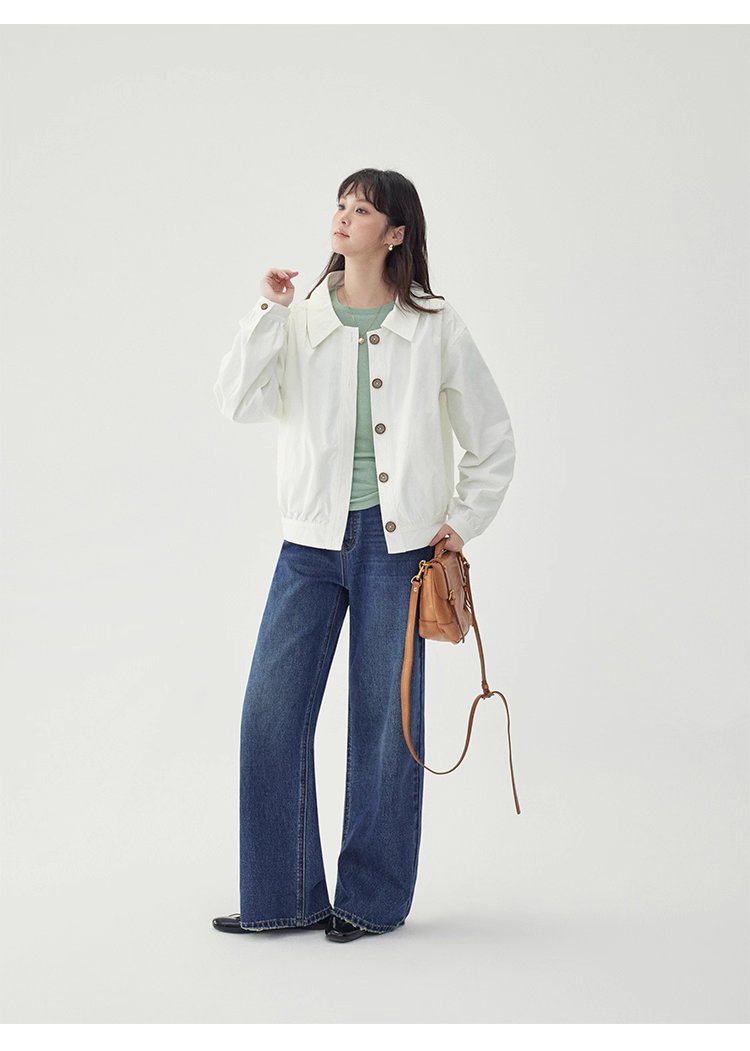 白色單排扣polo領長袖外套女25秋季新款寬鬆上衣