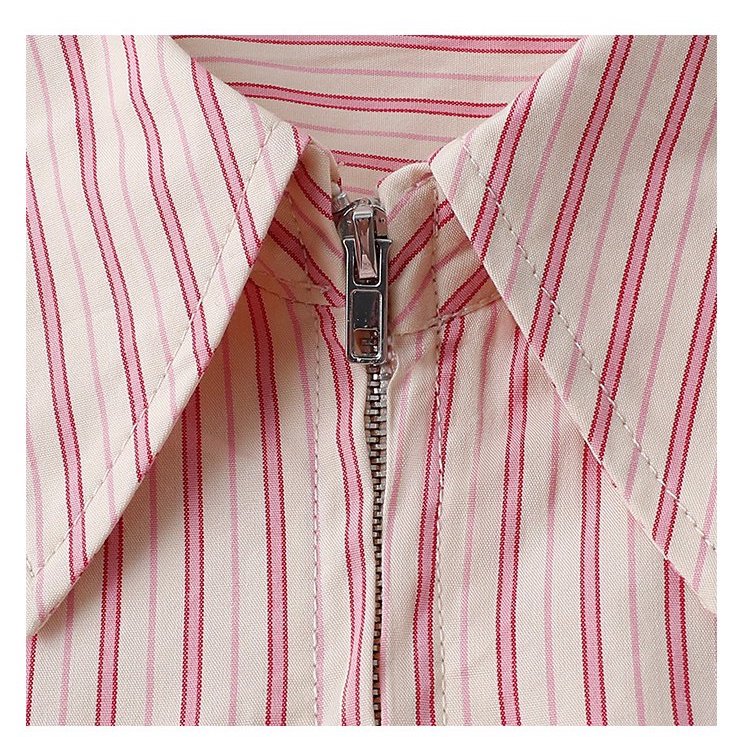 粉紅色圖案雙拉鍊長袖襯衫女秋季新款純棉外套上衣