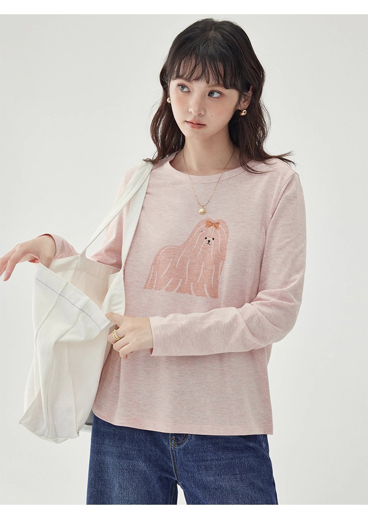 粉紅小狗印花長袖T恤女25秋季全新寬鬆減齡上衣