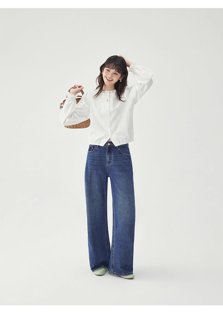 花邊長袖後貼花片白襯衫女秋季新款甜美純棉上衣